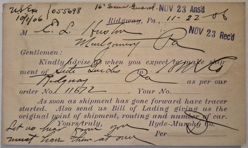Postal card 1906 hyde - -, murphy